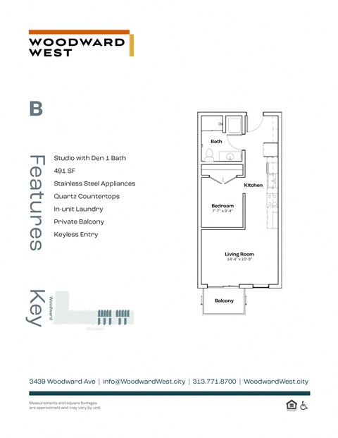Floor plan for 1 bed, 1 bath, 491 sqft